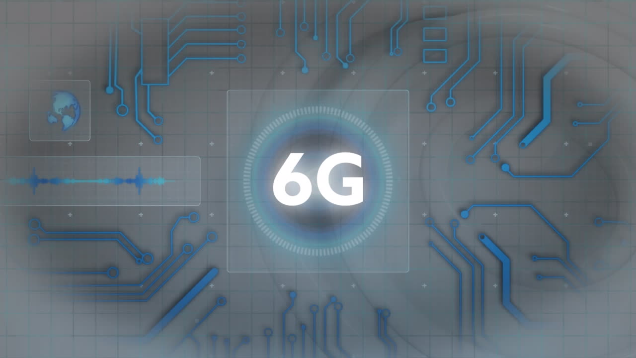Animation of 6g text over computer circuit board
