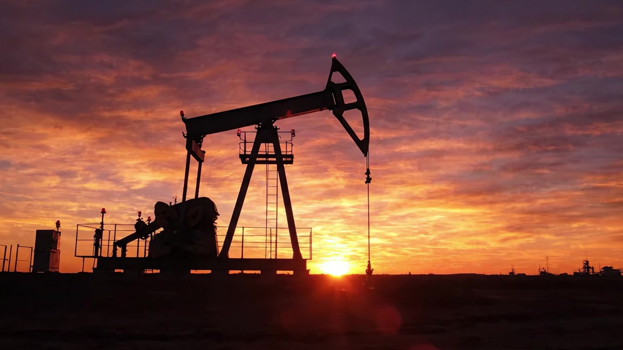 Solnedgang over oliepumperig: Fængslende silhuet mod en dramatisk himmel fyldt med levende farver, der symboliserer energiudvinding og naturressourcer.