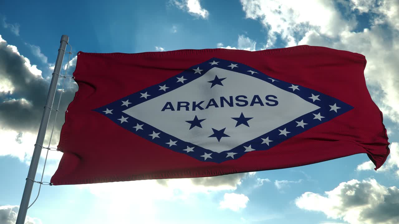 아칸소 발은 하늘에서 바람에 흔들리는 발 기둥에 있습니다. 미국 아칸소 주.