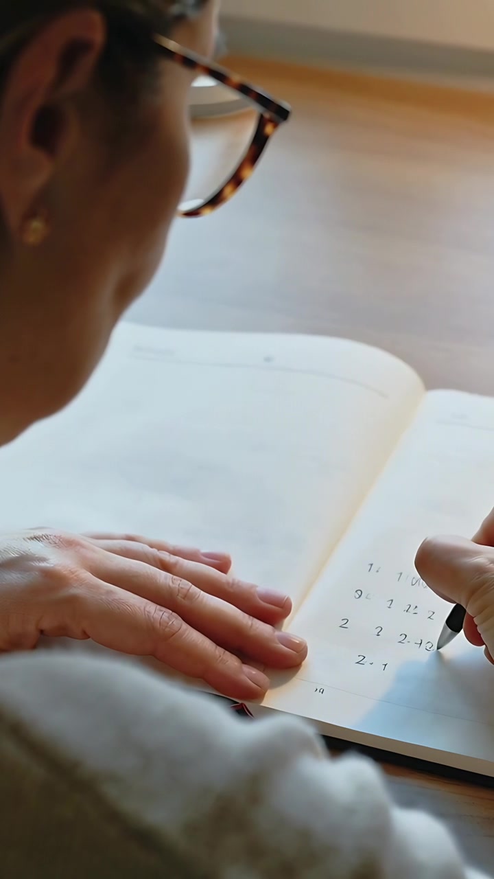 Vertical video: Holding page, woman writing list, pen poised and fixing specs at desk, copy space