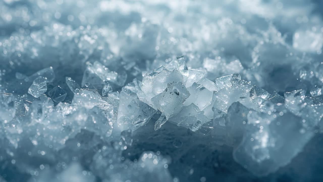 Spostamento della camera con angolazione bassa che rivela cristalli di ghiaccio in macro primo piano, mostrando piccole gocce d'acqua