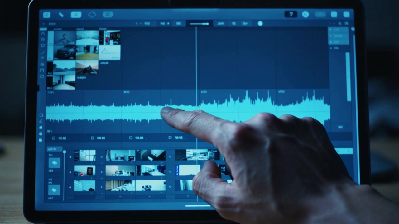 Tapping right hand starting timeline scrub on tablet at desk to find waveform peak with playhead