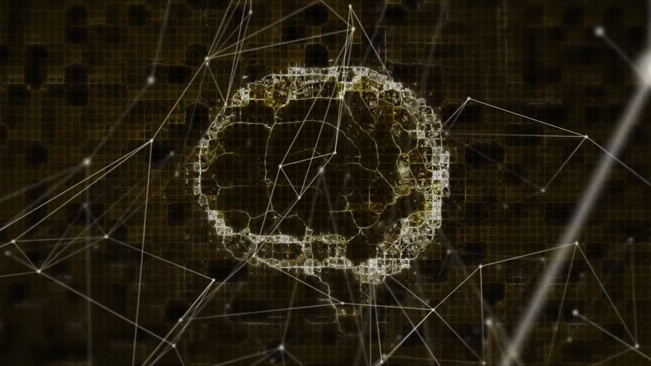 Animation of network of connections and digital brain over black background