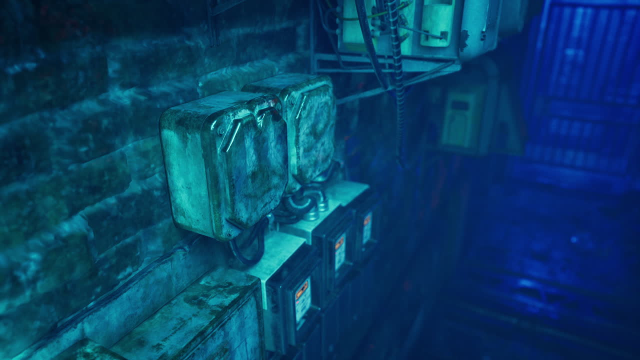 A close-up of an electrical box in a dark, industrial setting