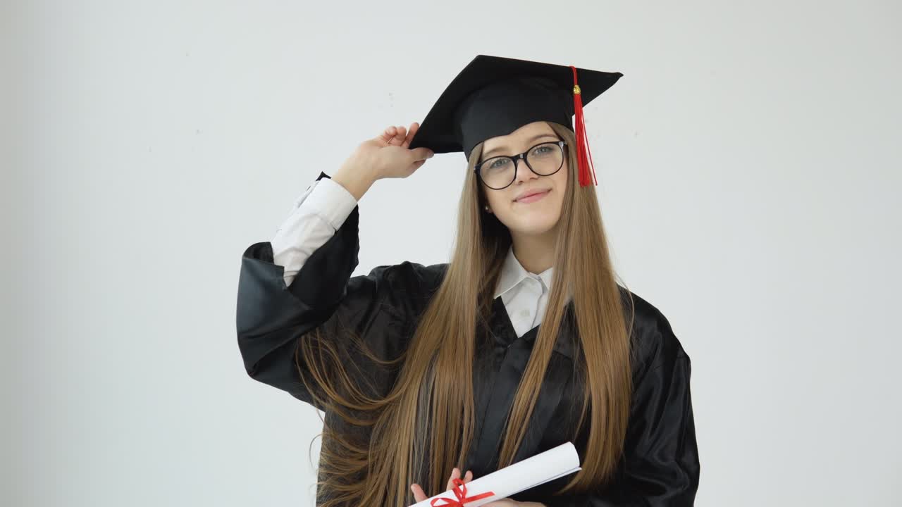 una joven caucásica en la universidad en el manto del maestro con una mano recorta su diploma, y con la otra mano recorta el borde de la capilla y se maravilla en la cámara.
