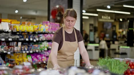 supermarket worker girl in a light brown apron lays out fruits on the counter in a supermarket. a woman in a brown t-shirt an assistant in a supermarket examines fruits on the counter