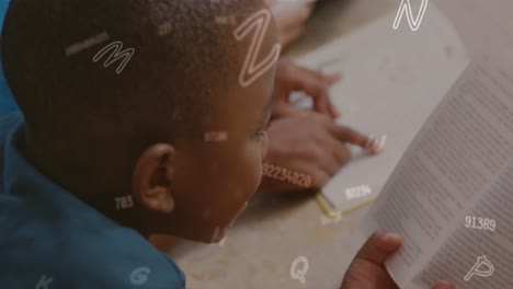 Animation-of-changing-numbers-and-letters,-overhead-view-of-african-american-students-reading-book