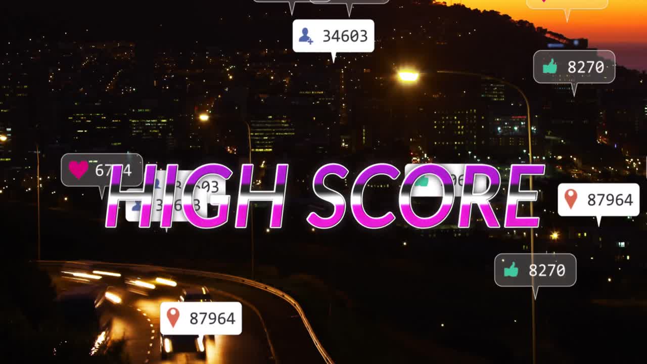 해가 지는 시점에 도시 위의 소셜 미디어 알림과 함께 텍스트 하이 스코어의 애니메이션