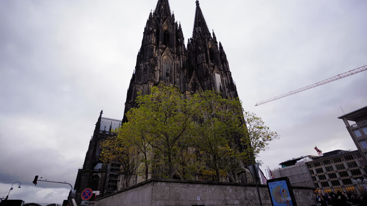 A captivating view of Cologne Cathedral's towering spires framed by autumn trees. This iconic landmark stands as a testament to Gothic architecture and Cologne's rich history.