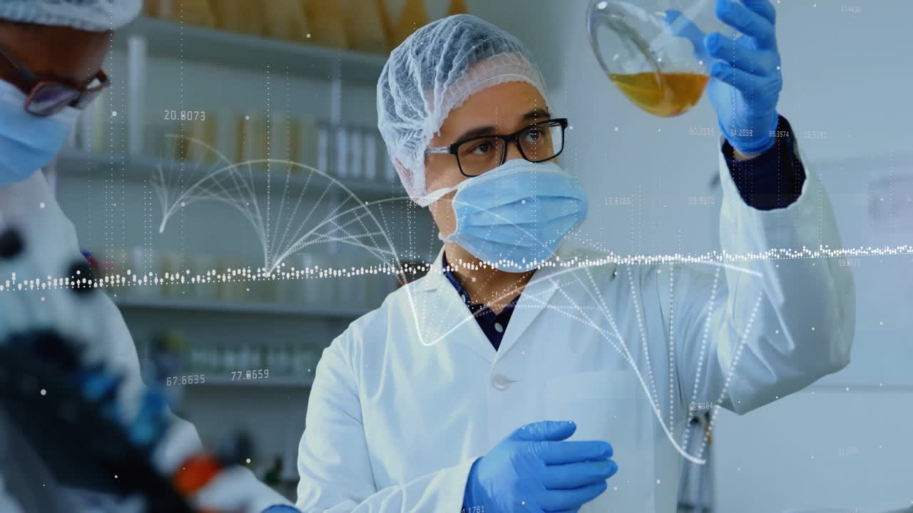 Animation of data processing over diverse male scientists examining vial