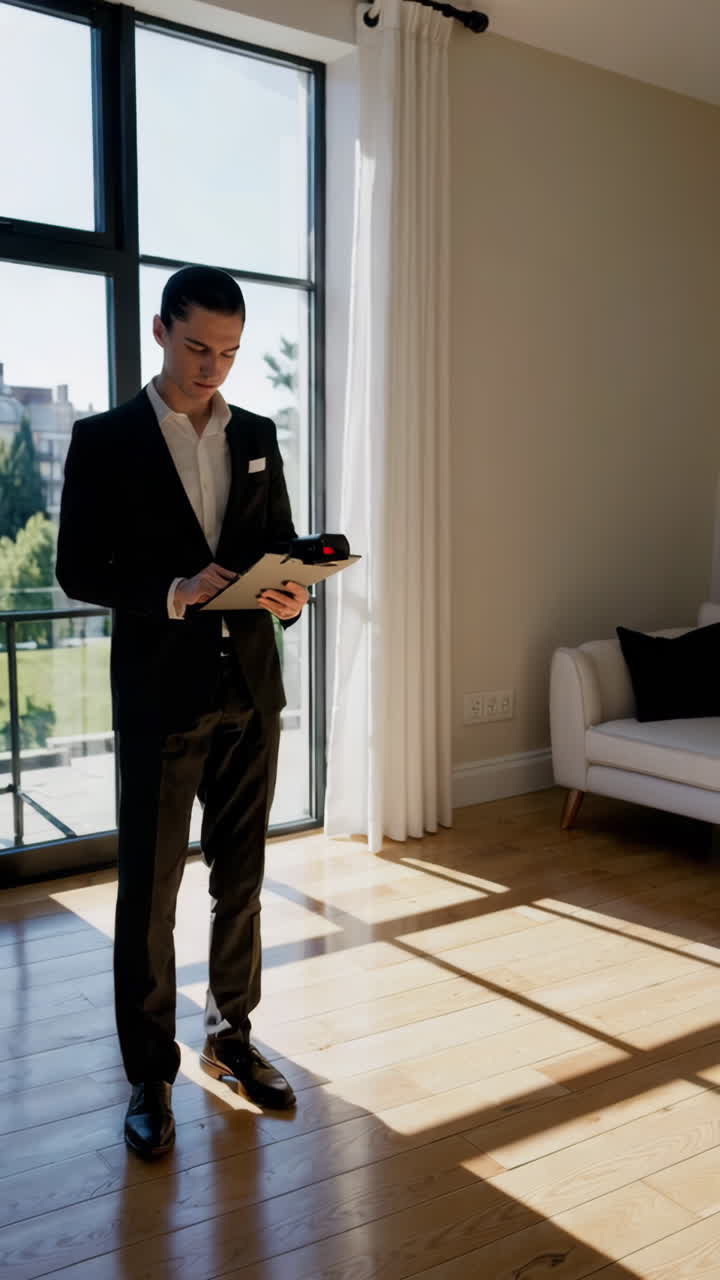 Corretor de Imóveis Inspecionando uma Casa Moderna