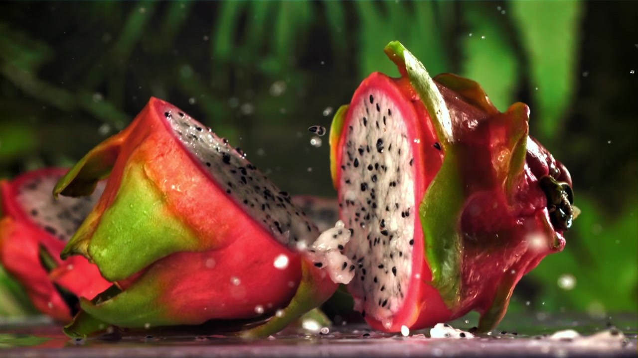 Exotic Dragon Fruit Splitting in Half with Water Splash