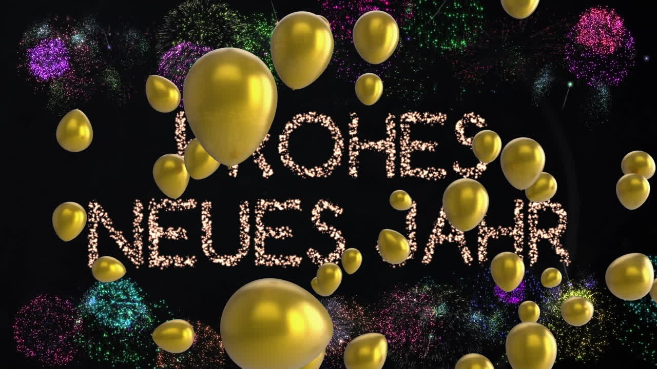 Animazione di fuochi d'artificio e palloncini sul testo "frohes neues jahr" su sfondo nero