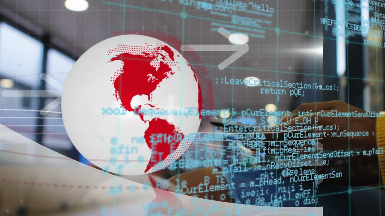 스마트 폰을 사용하는 두 인종 여성에 대한 데이터 처리 및 지구상의 애니메이션