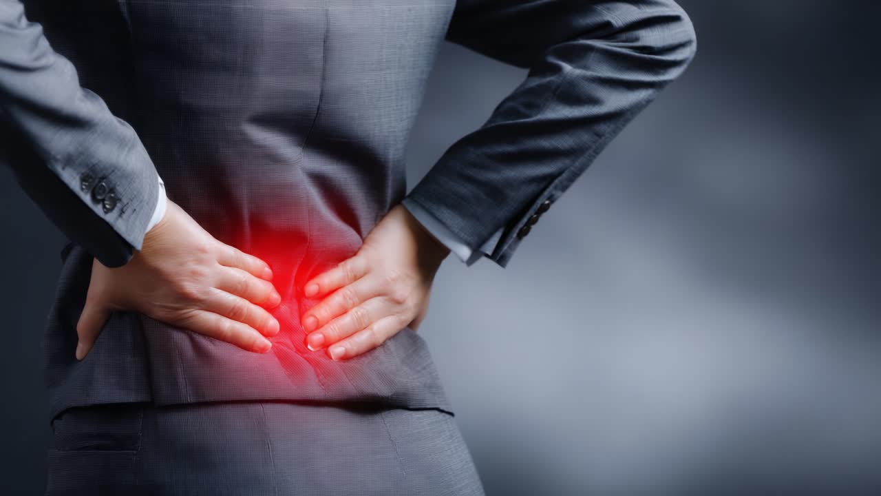 A Business Professional Experiencing Lower Back Pain, Highlighting the Impact of Discomfort on Health and Productivity in a Corporate Environment