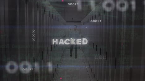 animation hacked text, computer language, caucasian male engineer inspecting server room