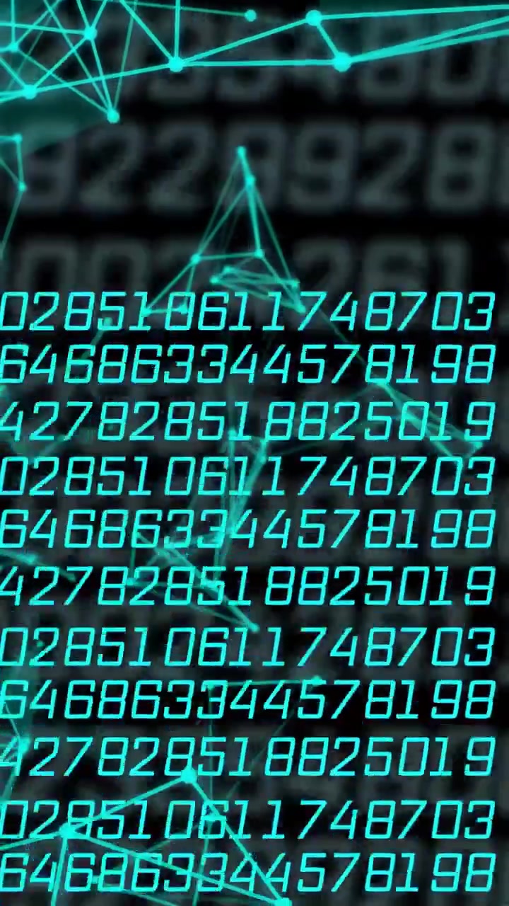 Vertical video: Timeline advancing, teal digits and node mesh forming, weaving, showing data flow