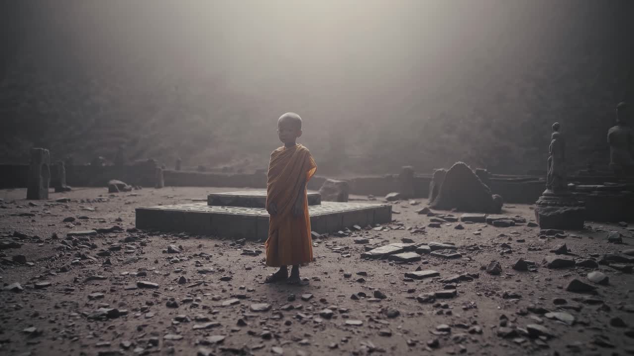 Giovane monaco in vivace veste arancione in piedi tra antiche rovine, circondato da pietre sparse e nebbia, che cattura un momento di riflessione e serenità in una scena senza tempo