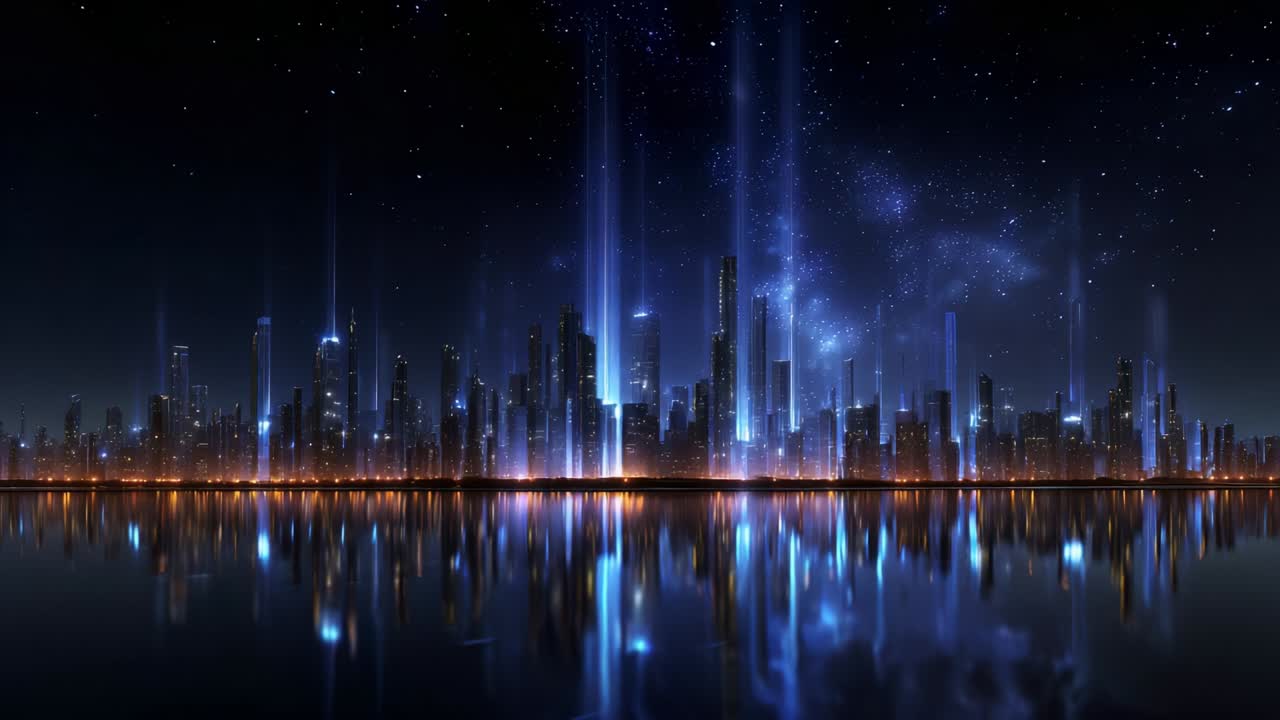 A Breathtaking Nightscape of a Futuristic City with Spectacular Light Beams Reflecting on Water, Merging Technology and Artistry to Create an Enchanting Urban Landscape Captured in Vivid Detail