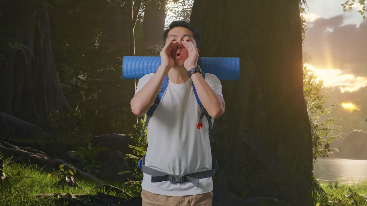 숲 에서 흥분 한 산책자