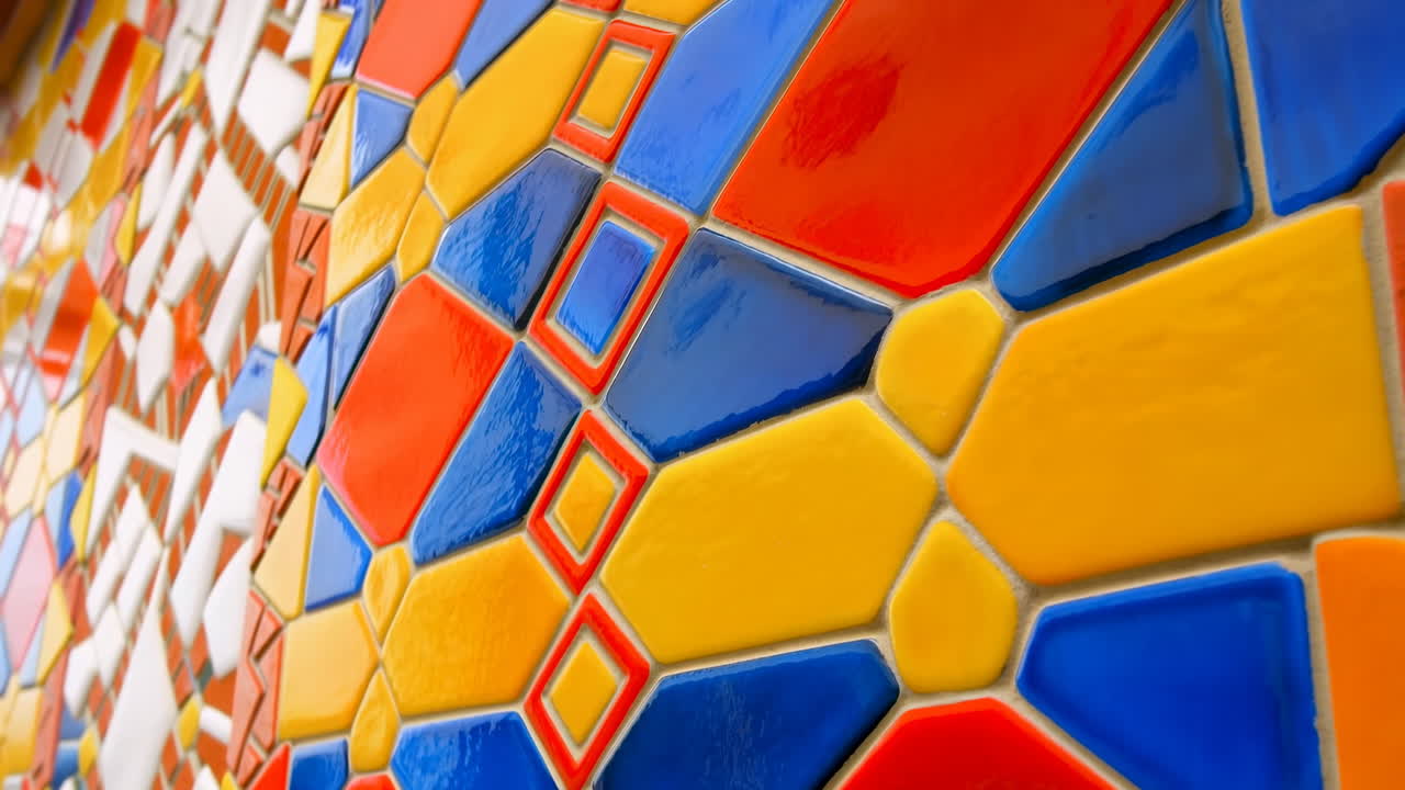 Azulejos de mosaico geométricos coloridos subindo uma parede