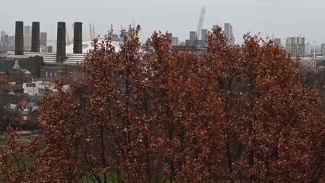 Looking-down-towards-the-O2-Stadium-from-Greenwich-Park-on-a-grey-day,-London,-United-Kingdom