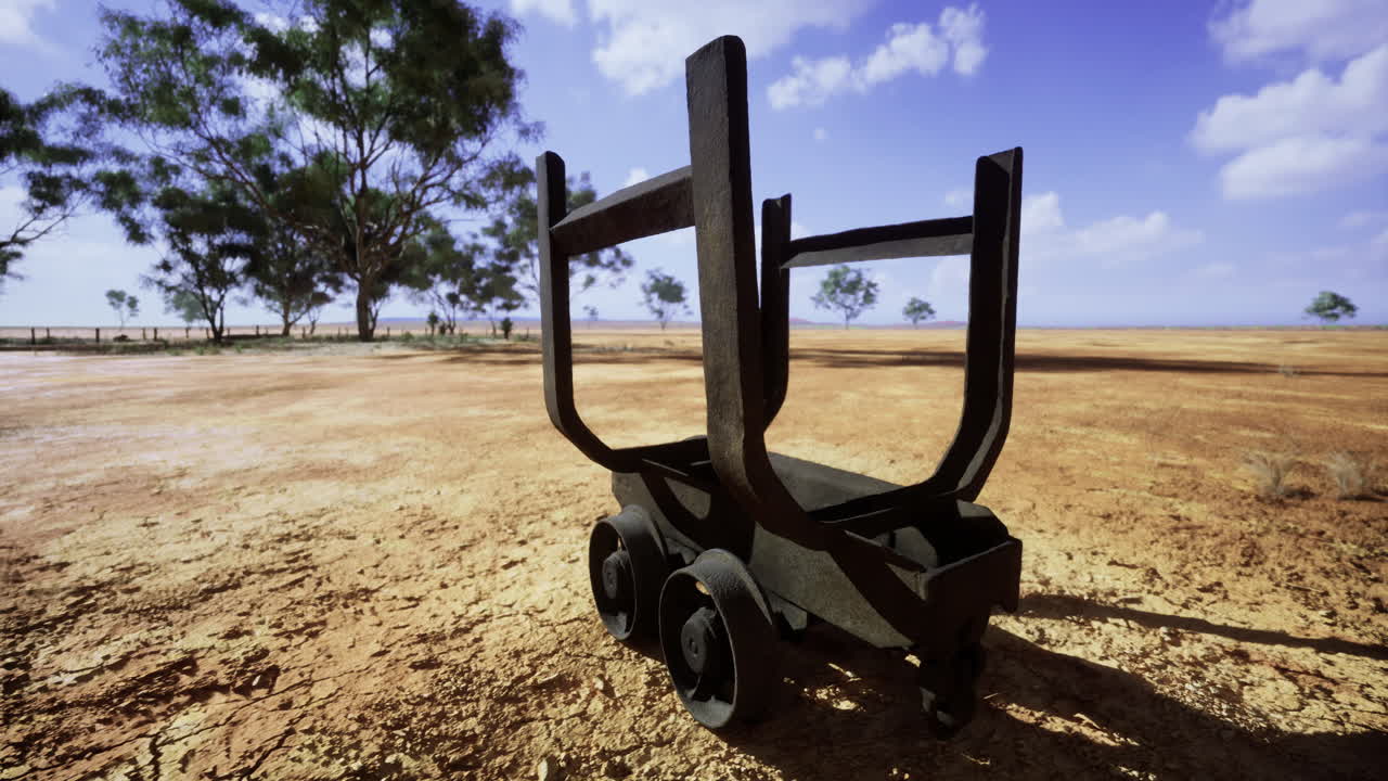 Rusty cart rests under blue skies in a vast arid landscape filled with trees
