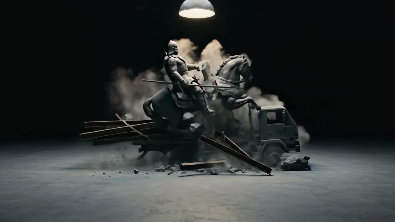 Stone Knight and Horse Statue Shattering on a Truck
