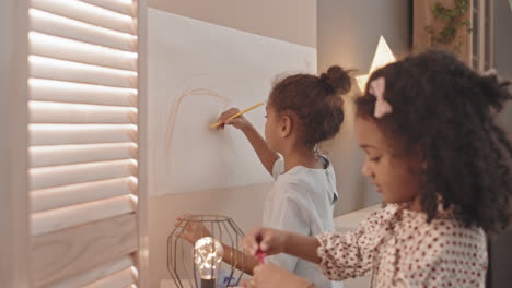 girls drawing on paper on wall