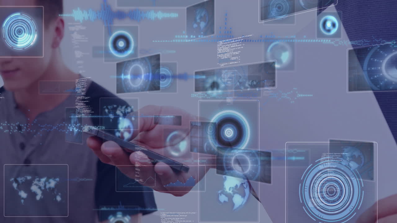 Interacting with smartphone, people using animation and digital holographic elements