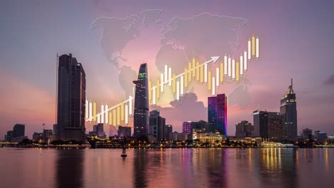 Lapso-De-Tiempo-Del-Horizonte-De-Una-Ciudad-Inteligente-Con-Gráfico-De-Mercado-De-Tendencia-Alcista-Como-Animación-Infográfica-Y-Mapa-Holográfico-Del-Mundo,-Lapso-De-Tiempo-Del-Día-A-La-Noche