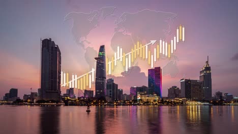 time lapse of smart city skyline with uptrend market chart as infographics animation and holographic world globe map, day to night timelapse