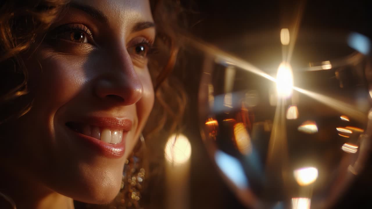 Radiant woman smiles softly while gazing at a sparkling glass, illuminated by warm candlelight, creating an intimate atmosphere that conveys joy, serenity, and connection in a cozy setting
