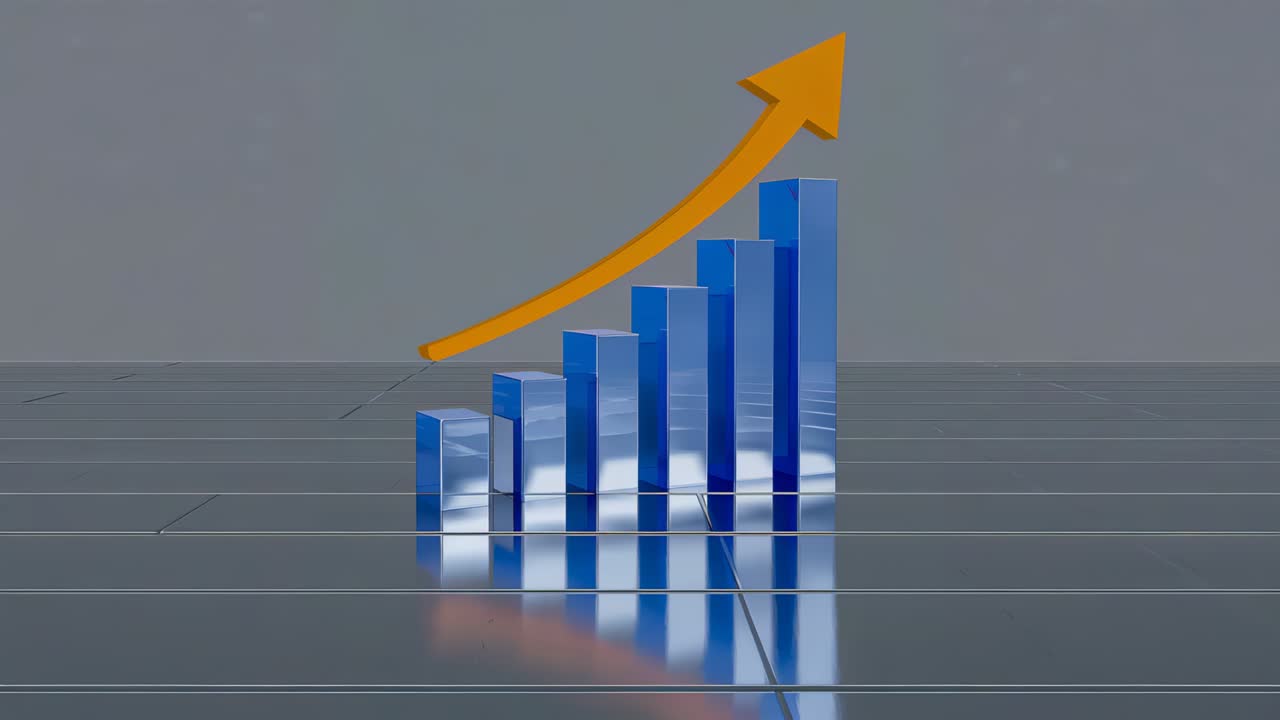 Avvio della riproduzione con colonne blu che si alzano su un pavimento lucido, freccia arancione che sale, a indicare la crescita