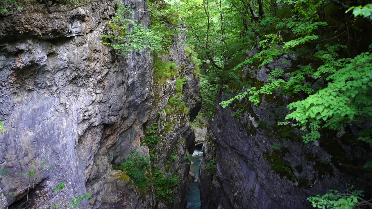 maravilloso cañón con un claro arroyo salvaje de agua esmeralda que fluye a través de rocas altas en albania