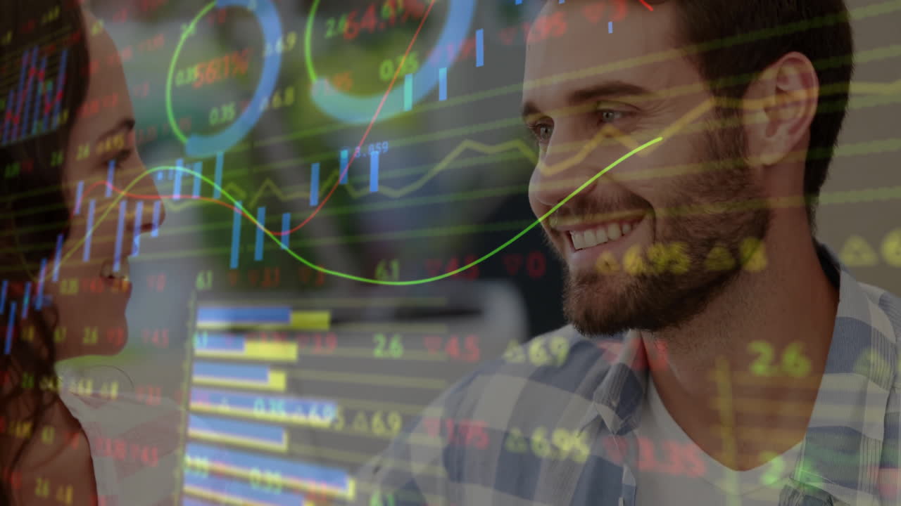 Male and female analysts discussing market data while candlestick charts and line graphs floating