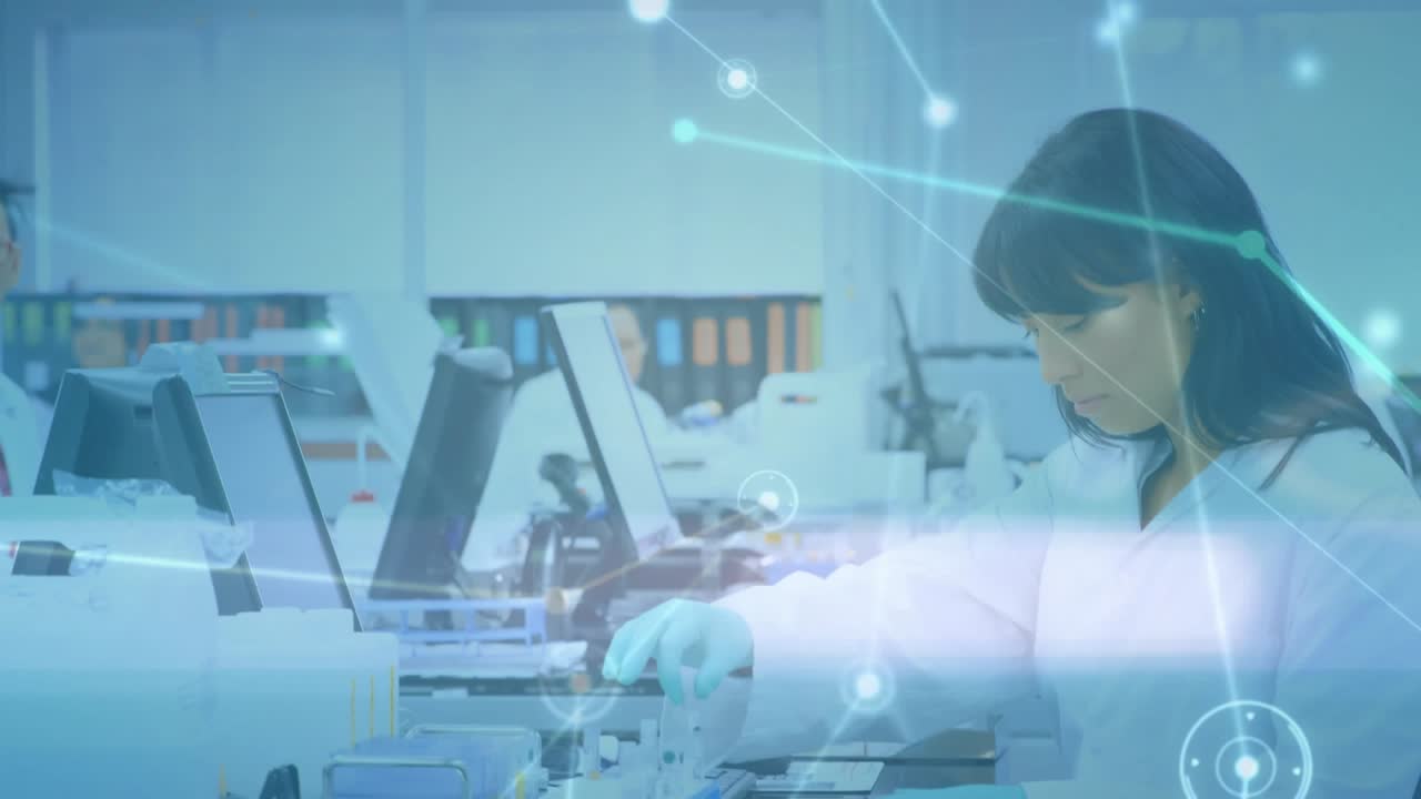 Animation of dots connected with lines over asian scientist examining test tubes in laboratory