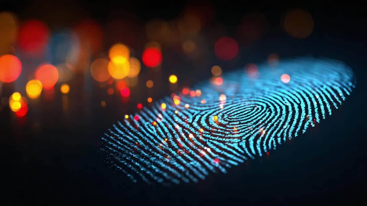 A Detailed Look at a Vibrant Blue Fingerprint Imprinted on a Surreal Background of Blurred Multicolored Lights, Emphasizing Security and Identity Verification