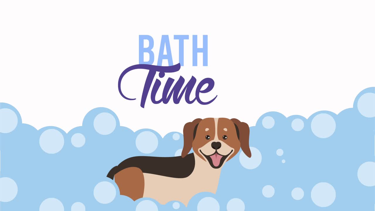 letras de la hora del baño con perro en la animación de la bañera