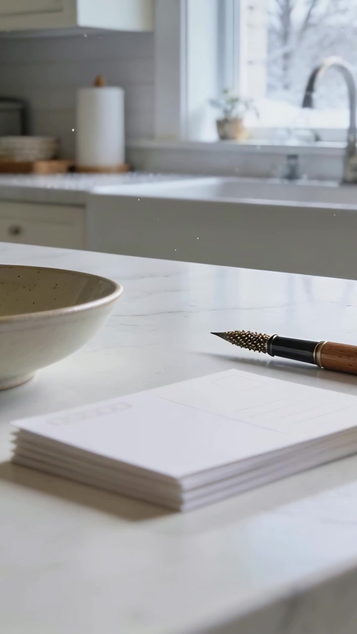 Vertical video: Pulling back camera showing stack of blank cards and fountain pen on marble counter