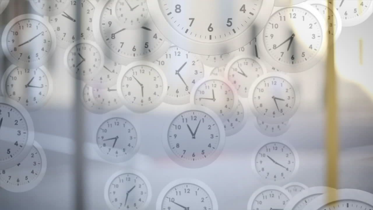 Animation of clocks falling and moving over people walking in city