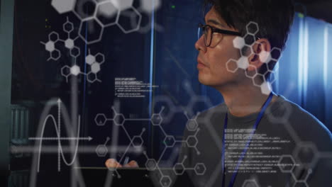 animation of data processing and chemical formula over asian male worker in server room