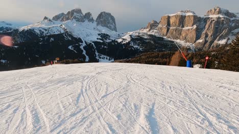 fpv pov of alpine skiing in dolomites, italy