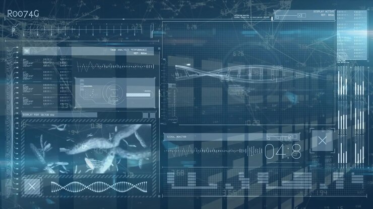 Animation of data processing on blue screen over servers