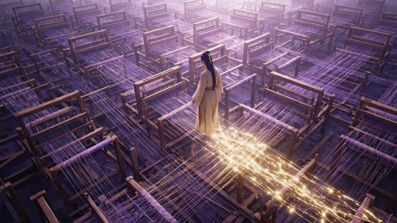 Mystical Woman Interacting with Glowing Threads in an Intricate Loom Network