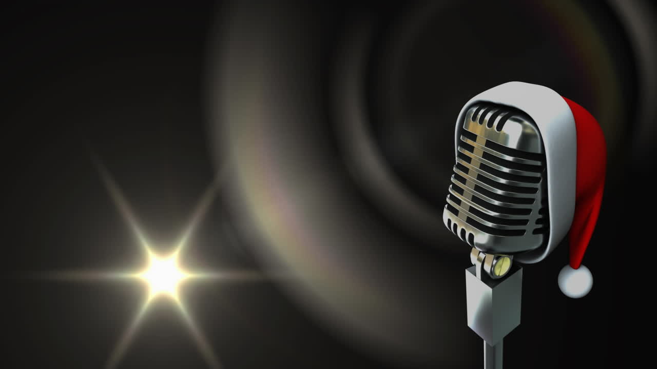 animación de la luz y el micrófono vintage en el sombrero de santa sobre fondo negro
