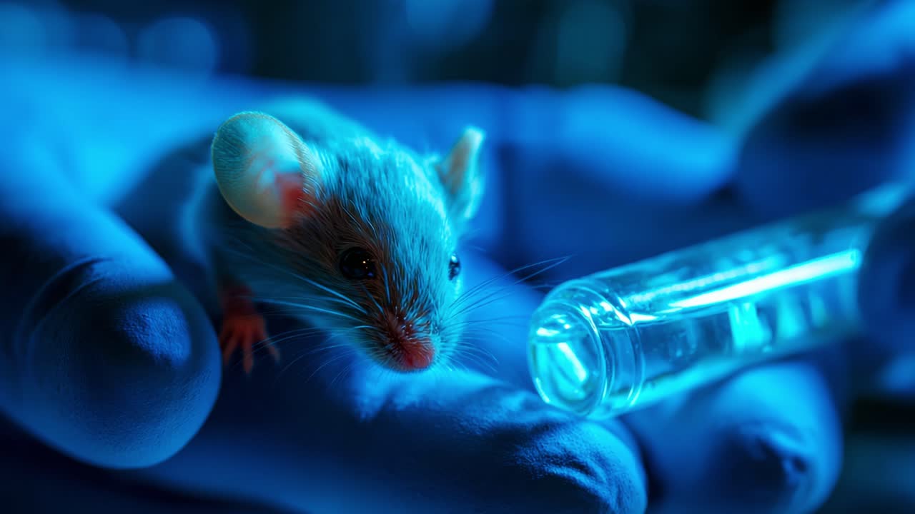 Close-Up of a Laboratory Mouse in Blue Light, Being Handled Gently with a Test Tube, Illustrating Research and Scientific Study in an Experimental Setting