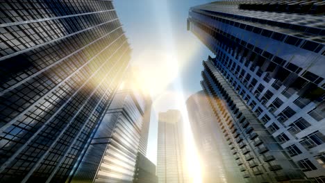 looking up at skyscrapers