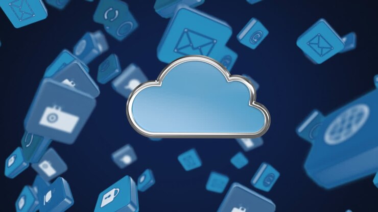 Animation of network of connections with cloud and digital computer icons floating