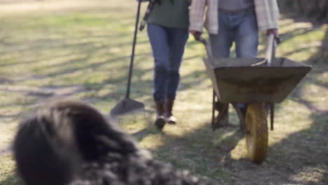 caucasian couple and their dog holding a wheelbarrow and a rake while they are walking throught the countryside